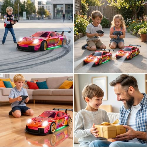 RC Drift Car,1:24 Scale Remote Control Vehicle for Kids,20KM/H 4WD High Speed RC Cars with LED Lights,2 Batteries & Drift Tires Racing Toy for Adults,Kids,Boys and Girls
