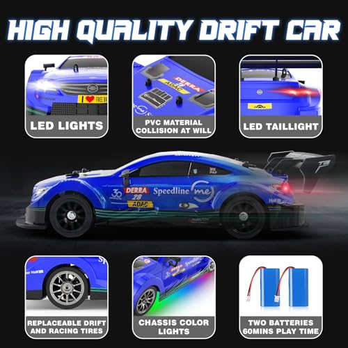 1/16 RC Drift Car, 2.4GHz 4WD Remote Control Drift Car, 30+KM/H High Speed Drift RC Cars with LED Lights 2 Batteries and Drift Tires Race Cars for Adults Boys Kids, Blue - color: Blue