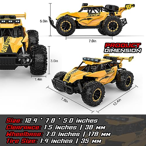 BLUEJAY Remote Control Car, 2.4GHz High Speed 33KM/H RC Cars Toys | 1:12 Monster RC Truck Off Road with LED Headlight and Rechargeable Battery Gifts for Adults Boys 8-12 - color: Matt Yellow