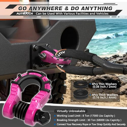 AUTMATCH D Ring Shackles 3/4" Mega Shackle (2 Pack) 68,000Ibs Break Strength - Heavy Duty Clevis Shackles with 7/8" Screw Pin and Isolator Washer for Tow Strap Winch Off Road Vehicle Recovery, Pink - color: Pink & Black