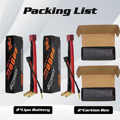 CNHL 8000mAh 2S Lipo Battery 7.4V 120C Deans Plug Hard Case (2 Packs) | Delivers extended bashing runtime with instant punch through grass, dirt, and jump landings for 1/10 and 1/8 RC trucks.