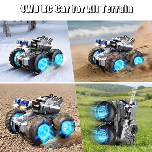 3-in-1 Amphibious RC Car & Boat 4WD All-Terrain Stunt Car | Gesture Sensing RC Trucks Toys Built-in Water Gun Swimming Pool Toys Birthday Gifts for 8 9 10 11 12 +Year Old Boys Girls - color: Blue