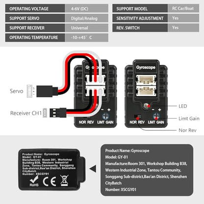 RC Car Gyro Module Mini Gyro Stabilizer Automatic Stability Control Gyro Sensitivity Adjustable for RC Crawlers Drift Cars and Boats