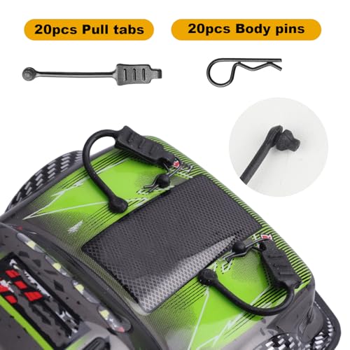 20pcs HobbyPark Micro RC Car Body Clips and Pull Tabs Retainer R Pins for 1/24 1/28 1/36 Scale Mini Cars SCX24 FCX24 Gladiator Bronco C10 JLU Deadbolt B-17 - size: 0.7mm Rod Black Clips
