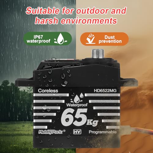 HobbyPark Waterproof RC Servos High Torque 65kg Coreless Motor RC Steering Servo Standard Size Metal Gears for 1/8 1/10 RC Cars Trucks Buggy Programmable 180° HV 4.8-8.4V Upgraded Replacement