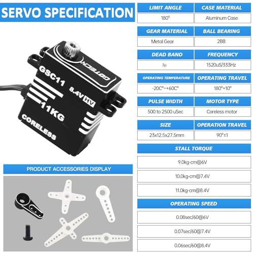 GOTECK 11KG Sub Micro Servo 8.4V High Torque Coreless Steering Servo with Metal Horn - Ultimate Rock Crawling Upgrade Parts to Fix Weak Steering for 1/18 TRX4M & 1/24 SCX24 RC Cars
