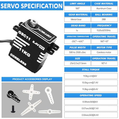 GOTECK 11KG Sub Micro Servo 8.4V High Torque Coreless Steering Servo with Metal Horn - Ultimate Rock Crawling Upgrade Parts to Fix Weak Steering for 1/18 TRX4M & 1/24 SCX24 RC Cars