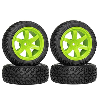 4PCS 75mm Rubber Tires and 6Spokes Plastic Wheel Rims Tyre for 1/10 RC On-Road Drift Racing Car 1:14 1:16 Rally Car for Tamiya Kyosho HPI HSP TT02 Upgrades Parts (Green) - color: Green