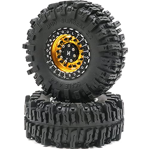 2PCS 2.2 Beadlock Wheels and Tires 124mm Tall Soft Sticky Mud Slingers tyre & Aluminium Rims for 1/10 RC Crawler Truck TRX4 SCX10 Capra Wraith Upgrades,HS700627-2
