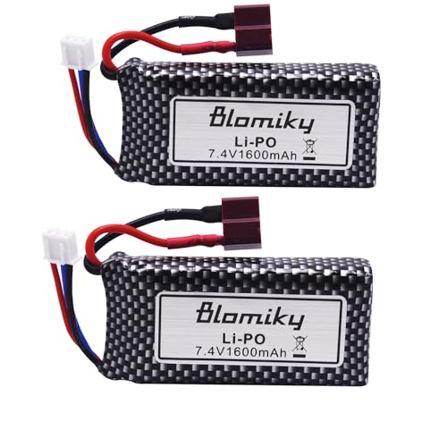 Blomiky 2 Pack 11.84Wh 7.4V 1600mAh Li-po Rechargeable Battery and USB Cable Suitable for Some 1/10 1/12 Scales RC Truck Cars 25-DJ02 / 7.4V 1600mAh 2