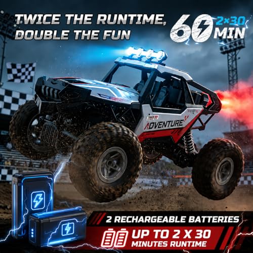 DEERC DE125 1:14 RC Rock Crawler, 4WD Remote Control Off-Road Monster Truck with Mist Spray, Metal Shell, LED Lights, 2.4GHz All-Terrain Car, 2 Batteries, Gifts for Kids & Adults - color: Black