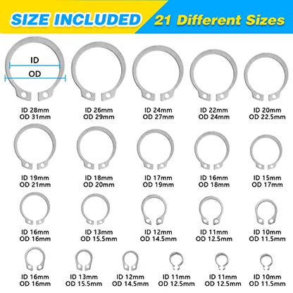 ZHUBANG 800Pcs C-clip External Retaining Rings Snap Rings Assortment Kit Circlip 304 Stainless Steel(M4-M28) + E-clip Assortment Set(1.5mm-10mm) + 5Pcs Snap Ring Plier + Tweezer - size: Stainless Steel 500Pcs C-clip