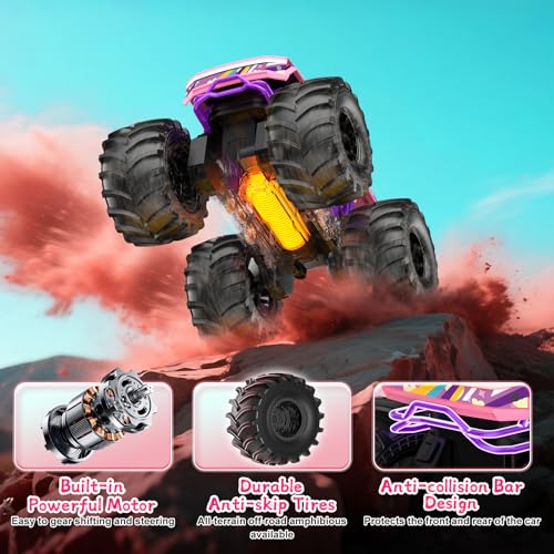 Amphibious Remote Control Car, 1:18 Pink Monster Truck Toys for Girls RC Cars, 2.4 GHz Waterproof RC Trucks, 4WD All Terrain Off-Road Pickup, Girls Christmas Birthday Gifts Presents Kids Toys Ages 6+ - color: Pink