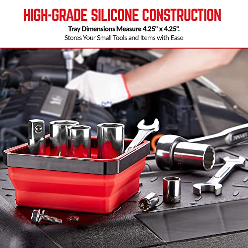 SANDOR Collapsible Magnetic Parts Tray Set - (Pack of 3) Tool Trays for Screw, Bolts, Nuts, Washers, Pins and Other Small Metal Parts - 4.25 Inch Square - Red, Blue, and Green