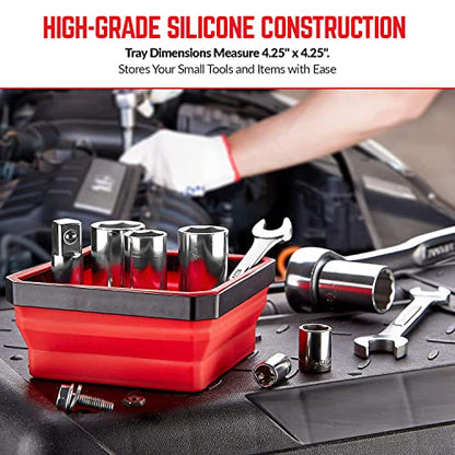 SANDOR Collapsible Magnetic Parts Tray Set - (Pack of 3) Tool Trays for Screw, Bolts, Nuts, Washers, Pins and Other Small Metal Parts - 4.25 Inch Square - Red, Blue, and Green