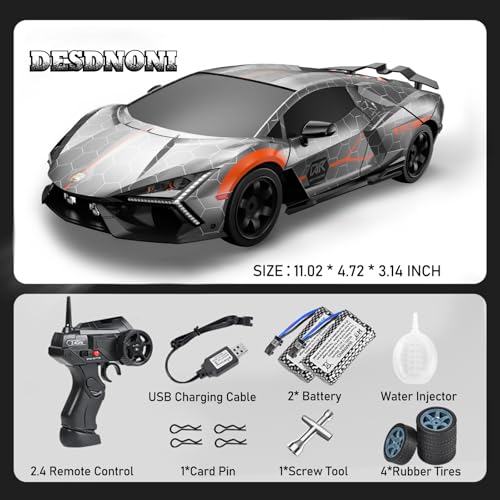 Remote Control Car RC Drift Car 1:16 Scale 4WD 18KM/H High Speed Model Vehicle 2.4GHz with LED Lights Spray Rubber Tire Racing Sport Toy for Adults Boys Girls Kids Gift 2Pcs Rechargeable Batteries - color: Silver