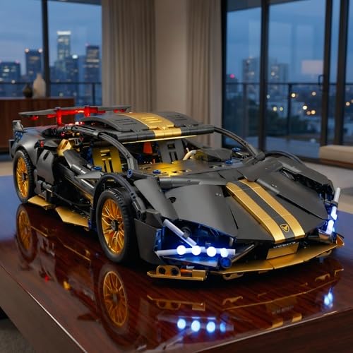 RC Car Building Kit, 1:14 App Control Car Kit with LEDs | car kit with 790+ pieces, opening doors, LED lights, app control, and responsive driving; built for solo projects. - color: Black and Gold