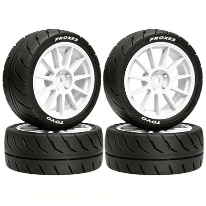 4PCS 1/10 RC Drift Racing Tires and Wheels 12mm Hex OD 2.56'' for 1:10 Scale Touring Street On Road Car Tamiya TT01 TT02 XV01 TA06 A959 PTG2 HPI KYOSHO HSP PTG2 Traxxa (White) - color: White