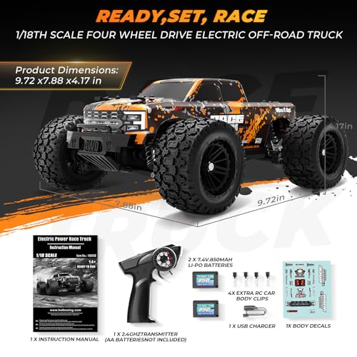HAIBOXING 18859E, 1:18 RC Monster Truck, 2.4GHz Remote Control Fast RC Car | RTR RC Truck 36km/h 4WD Off-Road Water-Resistant Electric Powered Vehicle with Dual Li-Po Batteries Ideal for boys and Adults - style: 1/18 Racing Truck