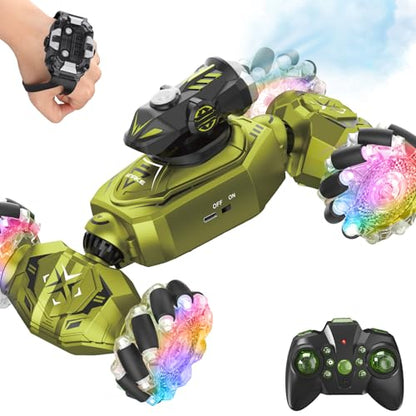 Gesture Sensing Remote Control Car, RC Cars Toys for Boys Age 6-12, 4WD Hand Controlled Twist & Transform 360° Spins Stunt Car with Mist, Light & Music, 8-10 Year Old Boys Birthday Gift Green - color: Green
