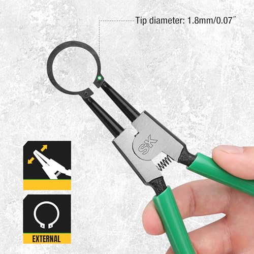 SK 7-Inch Snap Ring Pliers, External Circlip Pliers with 90-Degree Bent Jaw | Tip Diameter 0.07'', Premium CR-V Steel, Polished & Black Finished Tip, Spring-Loaded, Anti-Slip Grip - style: External Bent