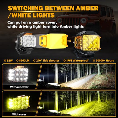 Auxbeam 5" 168W Round LED Offroad Light Pod with Amber DRL, V-MAX Series 16440LM Side Shooter LED Offroad with 270° Beam & Amber Covers, Auxiliary Driving Light for Truck ATV Jeep Ford | Spot Flood Combo Light Pods, 168W 16440LM Light Output, 3 Lighting M