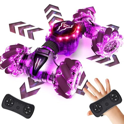 Tecnock Remote Control Car for Boys Girls, 2.4GHz 4WD Gesture Sensing RC Stunt Car Toys - 360° Rotating Double Sided Hand Controlled RC Cars with LED Lights, Gifts for Kids Ages 6-8, 8-12 - color: Purple
