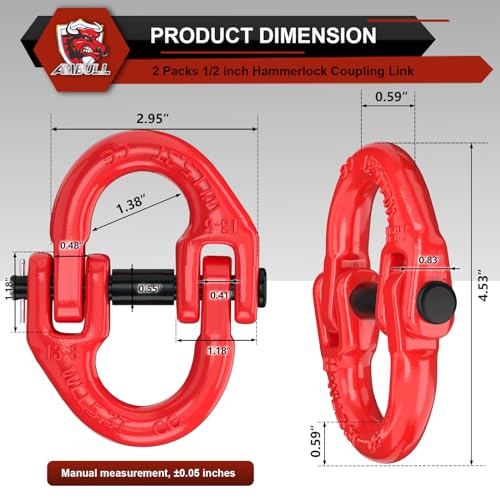 2 Pack 1/2" Safety Chain Connector Link, G80 Tow Hitch Hammerlock Coupling Link, Tow Chain Connector with 12000 lbs Loading (Red) - color: Red