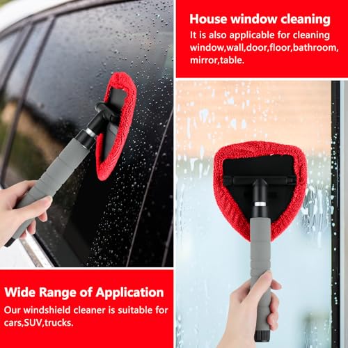 8 Pcs Car Window Cleaner Kit Triangle Shape Include Windshield Cleaning Tool with Extendable Handle 5 Microfiber Bonnets 1 Car Ventilation Brush 1 Empty 50ml Spray Bottle Glass Wiper Kits, Red - color: Red