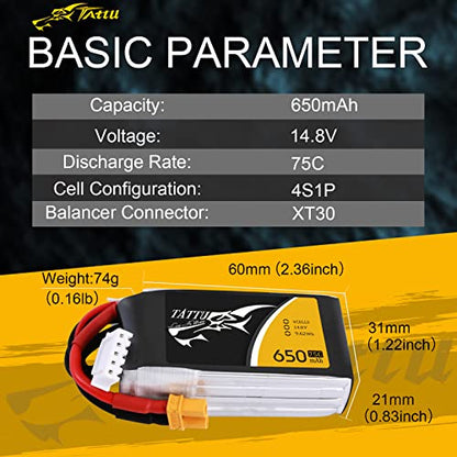 Tattu 650mAh 4S1P 75C 14.8V Lipo Battery with XT30 Plug - size: 1 Pcs