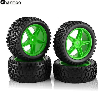 1/10 RC Off Road Tires and Wheels Rims 12mm Hex Set Front and Rear 87mm Rubber Buggy Tyres Foam Inserts for 1:10 Off-Road Car HSP Kyosho HPI Tamiya HSP 94107 94166 94106 94155 4PCS (Green) - color: Green