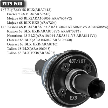 RC F/R Diff 43t &10t Input Gear Upgrades Part for 1/8 Kraton/Outcast/Talion 6S BLX EXB,Notorious 6S BLX,1/7 Mojave 6S BLX EXB,BigRock/Fireteam 6S BLX,Replace ARA310990 ARA310979,Titanium - color: Titanium(1set)