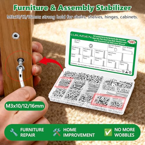 1081 Pcs M3 Flat Head Screws Nuts Washers Wrench Kit, 304 SS | with Washers & Wrench,for 3D Printing, PC Repair & DIY, M3 x 4/6/8/10/12/16/18/20/25mm,Clear Label Storage Box - size: SS M3 1081pcs 1
