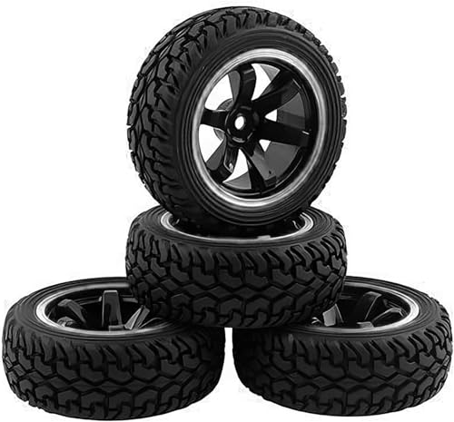 4PCS 75mm Rubber Tires and 6Spokes Plastic Wheel Rims Tyre for 1/10 RC On-Road Drift Racing Car 1:14 1:16 Rally Car for Tamiya Kyosho HPI HSP TT02 Upgrades Parts (Black Silver) - color: Black Silver