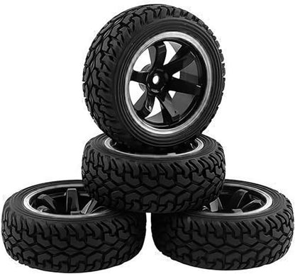 4PCS 75mm Rubber Tires and 6Spokes Plastic Wheel Rims Tyre for 1/10 RC On-Road Drift Racing Car 1:14 1:16 Rally Car for Tamiya Kyosho HPI HSP TT02 Upgrades Parts (Black Silver) - color: Black Silver