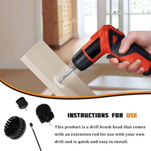 4PCS Drill Brush Attachment Kit with Extension Rod, Black | PP bristles with steel shafts, three brush sizes, quick-change extension rod, follows curved surfaces, compact storage - color: Black