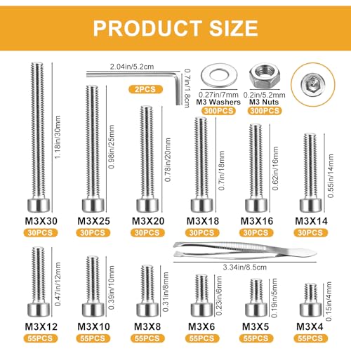 1110 Pcs M3 Small Metric Screws with Nuts, Hex Socket Head Cap and Nut Assortment Kits, Stainless Steel Replacement Machine Fastener Screws and Bolts Nuts (Silver 1110) - color: Silver 1100