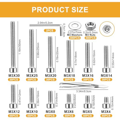 1110 Pcs M3 Small Metric Screws with Nuts, Hex Socket Head Cap and Nut Assortment Kits, Stainless Steel Replacement Machine Fastener Screws and Bolts Nuts (Silver 1110) - color: Silver 1100
