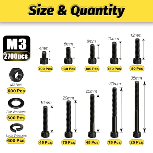 Kadrick M3 Screws Kit 2700PCS (900 Screws), Full Kit with Nuts, Washers & Hex Wrench, Optimized Size Distribution, Class 12.9, Black Zinc Plated M3 Bolts for 3D Printing, DIY, RC & Robotics - size: M3 2700Pcs New
