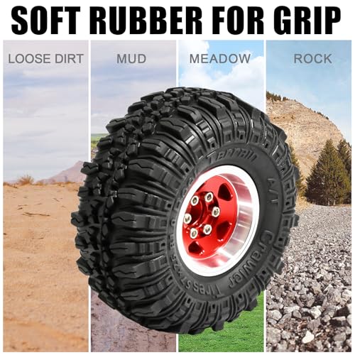 1.0 Beadlock Wheel Soft Tire Set RC Upgrade Part for Traxxas 1/18 TRX4M 1/24 RC Crawlers car Axial SCX24 FMS FCX24 Gladiator Bronco C10 JLU Deadbolt B17 Upgrade.(4Pcs/Set) - color: Red
