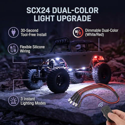 4 LED Rock Lights Kit for Axial SCX24 1/24 RC Crawler Car Upgrade Parts, White and Red Headlight Taillight Lighting System with Remote Control