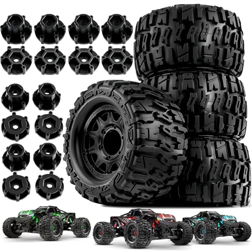 STMU 12mm/14mm Hex RC Wheels & Tires Set for 1/10 RC Trucks - Compatible with Traxxas Rustler, Stampede, Hoss 2WD/4X4 VXL, Arrma, Redcat, RIAARIO, AMORIL - 4PCS (Black) - color: Black