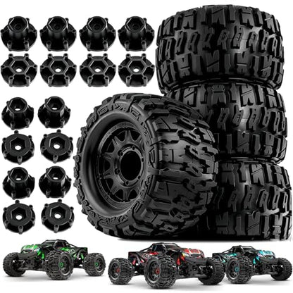 STMU 12mm/14mm Hex RC Wheels & Tires Set for 1/10 RC Trucks - Compatible with Traxxas Rustler, Stampede, Hoss 2WD/4X4 VXL, Arrma, Redcat, RIAARIO, AMORIL - 4PCS (Black) - color: Black