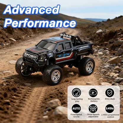 Mini RC Truck, 1/64 Scale Alloy Monster Truck Remote Control Car | 2.4GHz Control, LED Lights, 3-Speed Settings, Cruise Control,Adjustable Steering, Indoor Outdoor Toy for Kids Adults - color: Black