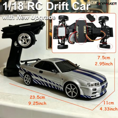 LD1899 GTR R34 1/18 RWD RC Drift Car with 3 Batteries (Silver) | 2.4GHz RWD Drift Car With Gyro,LED Lights & 3 Batteries Silver - color: Gtr R34 Silver With 3 Batteries