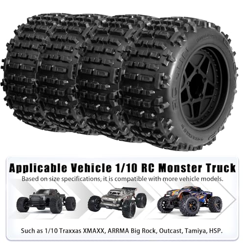 3.8" MT Monster Truck All Terrain Tires with Foam Insert - 17mm/14mm/12mm Hex Adapters Included for TRAXXAS Sledge ARRMA KRATON Outcast Tamiya HSP (Set of 4) Replacement Part of AR510092 - color: Black