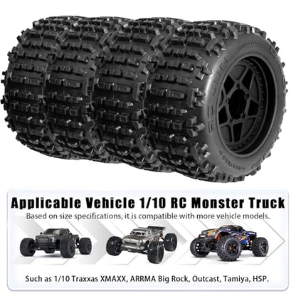3.8" MT Monster Truck All Terrain Tires with Foam Insert - 17mm/14mm/12mm Hex Adapters Included for TRAXXAS Sledge ARRMA KRATON Outcast Tamiya HSP (Set of 4) Replacement Part of AR510092 - color: Black