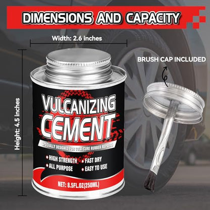 Chemical Vulcanizing Cement – Fast Dry Rubber Cement, All Purpose Tire Repair Glue, Tire Patch Kit with Brush – 8.5 FL.Oz for Car, Motorcycle, Bike (Rubber)