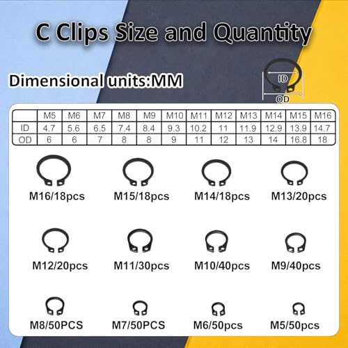 850Pcs C clip External Retaining Rings Snap Rings Assortment(M5-M16) and E clip Assortment Set(M2-M12),5Pcs Snap Ring Plier,Tweezer,24 Sizes Black Carbon Steel Circlip Retaining Clip - size: Black Carbon Steel 850PCS