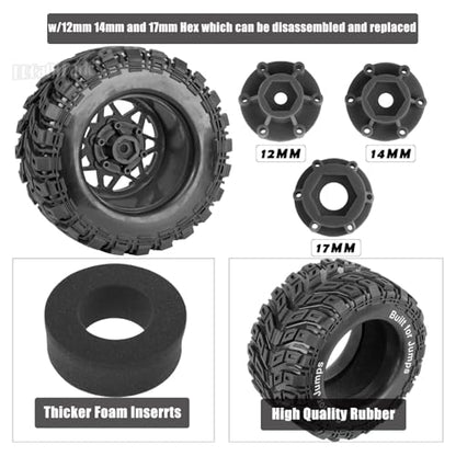 RC Truck Tires 12mm/14mm/17mm Hex RC Wheels and Tires for 1/10 Big Rock Granite Vortek/Stampede Rustler Hoss/L0s1 Rc 4wd,RC Monster Truck Car Wheel 4Pcs,Carbon Black - color: Carbon Black - (12mm/14mm/17mm Hex)
